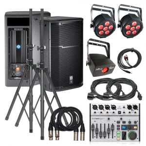 Chill pack with 2 powered speakers, 8 channel mixer with bluetooth, 3 uplight LED effects, cables, etc for hire - package view