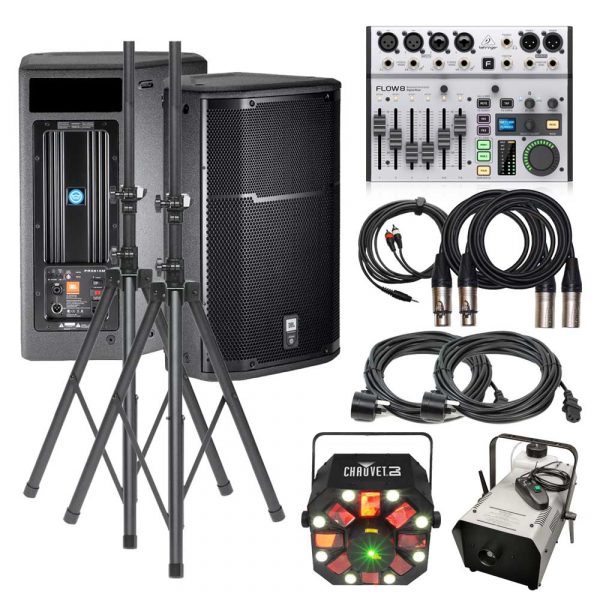 Dance Floor party pack with 2 powered speakers, 8 channel mixer with bluetooth, 1 LED effects light and smoke machine, cables, etc for hire - package view