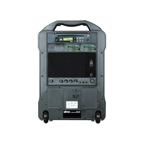 Mipro MA707 battery and mains powered portable PA system for rent - rear view