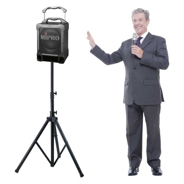 Mipro MA707 battery and mains powered portable PA system for rent - being demonstrated view